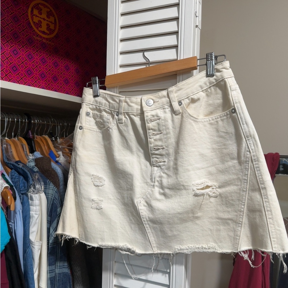 We The Free Cream Cutoff Denim Miniskirt